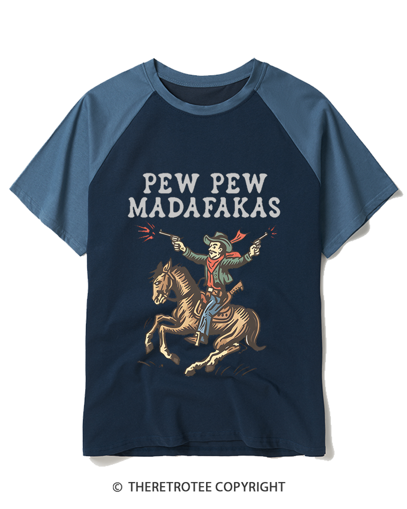 TheRetroTee Pew Pew Madafakas 1970s Raglan Baseball T-Shirt