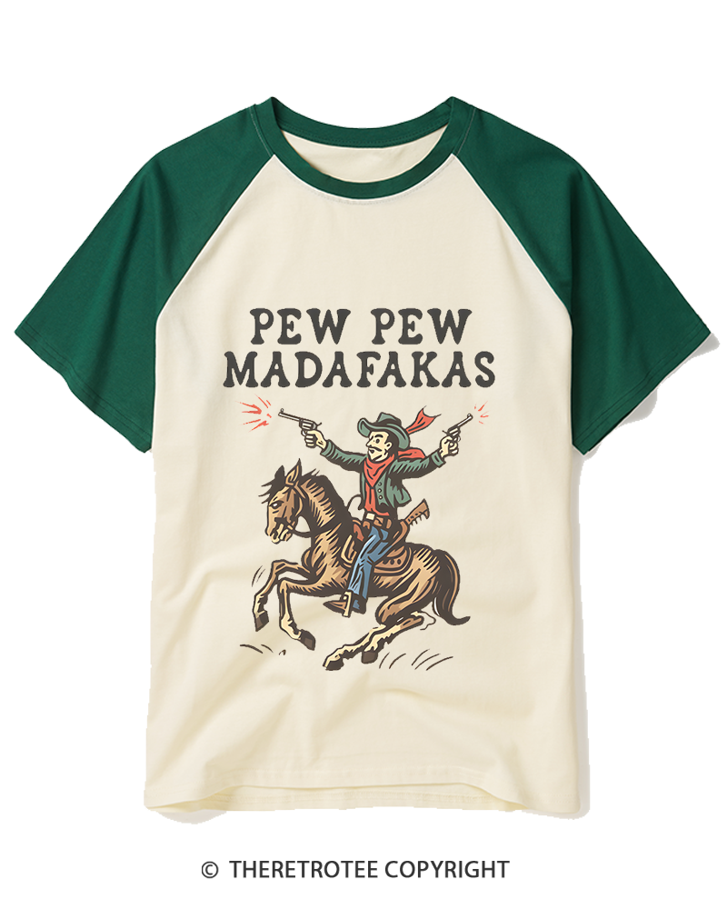 TheRetroTee Pew Pew Madafakas 1970s Raglan Baseball T-Shirt