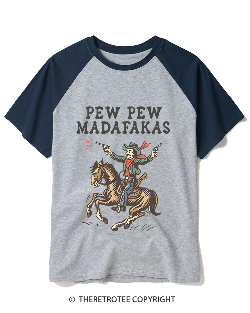 TheRetroTee Pew Pew Madafakas 1970s Raglan Baseball T-Shirt