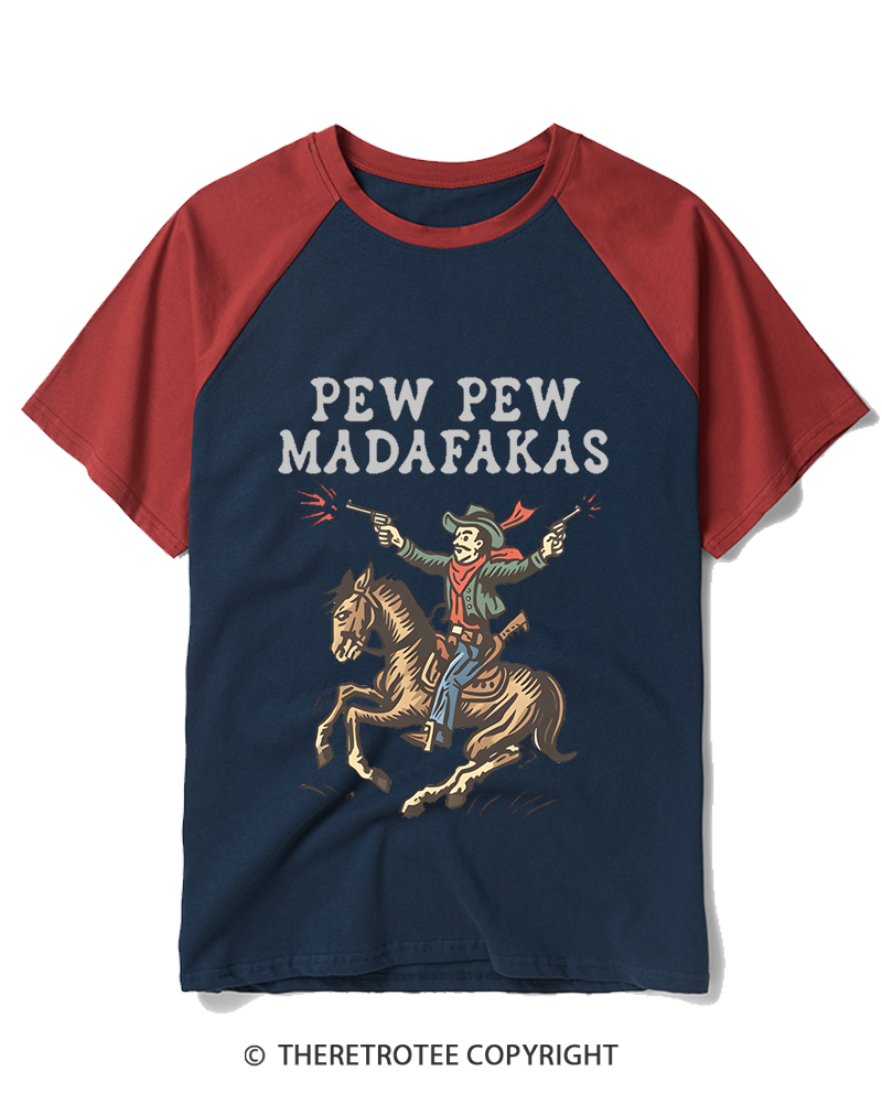 TheRetroTee Pew Pew Madafakas 1970s Raglan Baseball T-Shirt