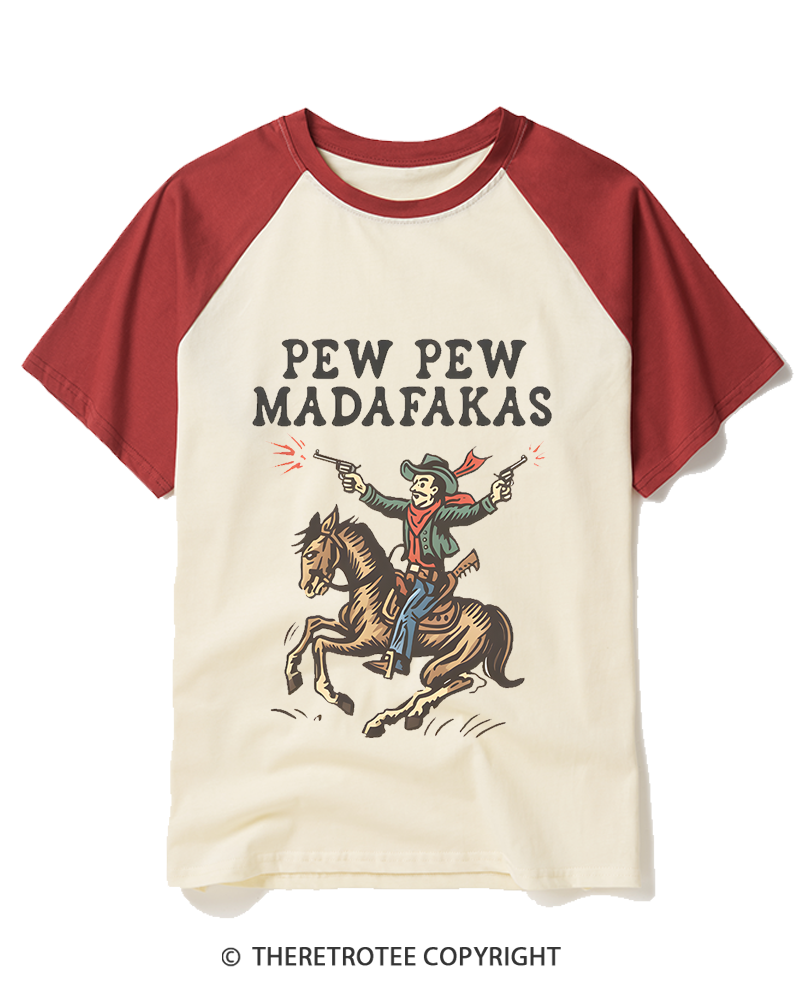 TheRetroTee Pew Pew Madafakas 1970s Raglan Baseball T-Shirt