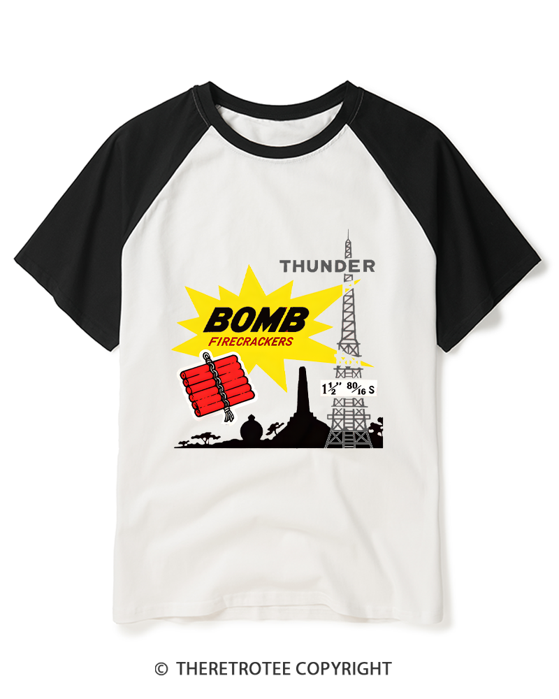 TheRetroTee Thunder Bomb Retro Vintage Fireworks 1970s Raglan Baseball T-Shirt