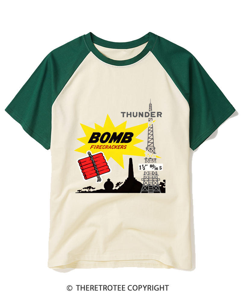 TheRetroTee Thunder Bomb Retro Vintage Fireworks 1970s Raglan Baseball T-Shirt