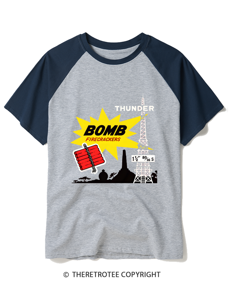 TheRetroTee Thunder Bomb Retro Vintage Fireworks 1970s Raglan Baseball T-Shirt