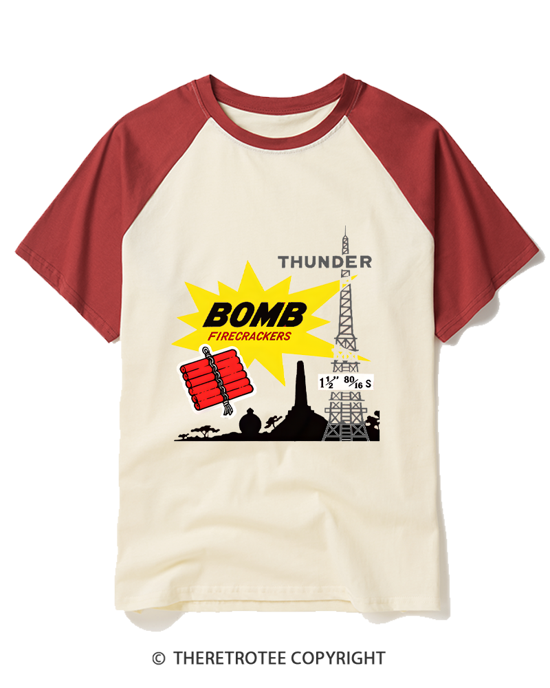 TheRetroTee Thunder Bomb Retro Vintage Fireworks 1970s Raglan Baseball T-Shirt