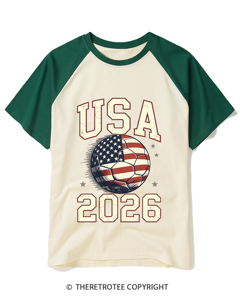 TheRetroTee 2026 USA Soccer American Fan Raglan Baseball T-Shirt
