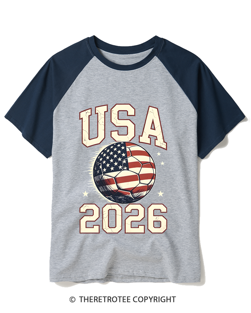 TheRetroTee 2026 USA Soccer American Fan Raglan Baseball T-Shirt