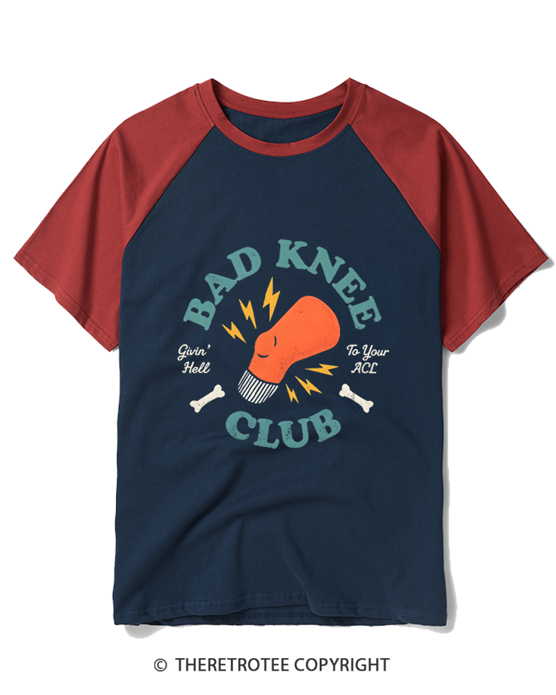 TheRetroTee Bad Knee Club 1970s Raglan Baseball T-Shirt