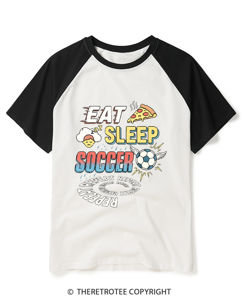 TheRetroTee Eat Sleep Soccer Repeat Funny Soccer Fan Raglan Baseball T-Shirt