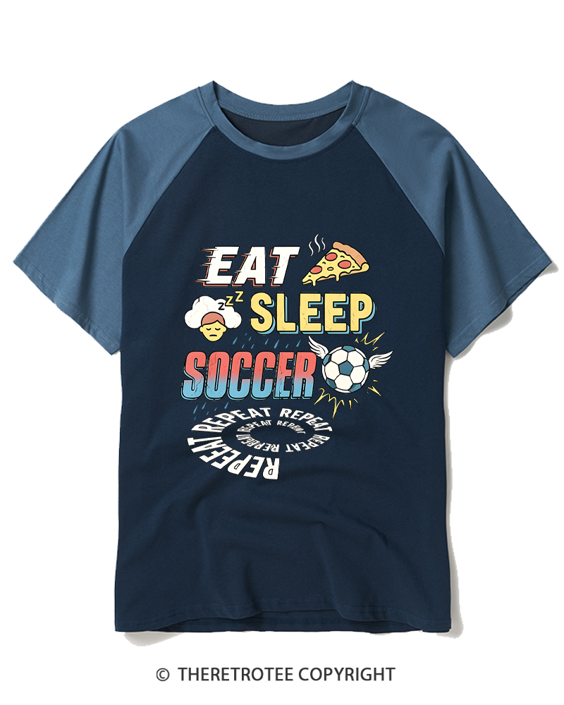 TheRetroTee Eat Sleep Soccer Repeat Funny Soccer Fan Raglan Baseball T-Shirt