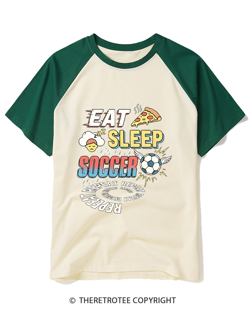 TheRetroTee Eat Sleep Soccer Repeat Funny Soccer Fan Raglan Baseball T-Shirt