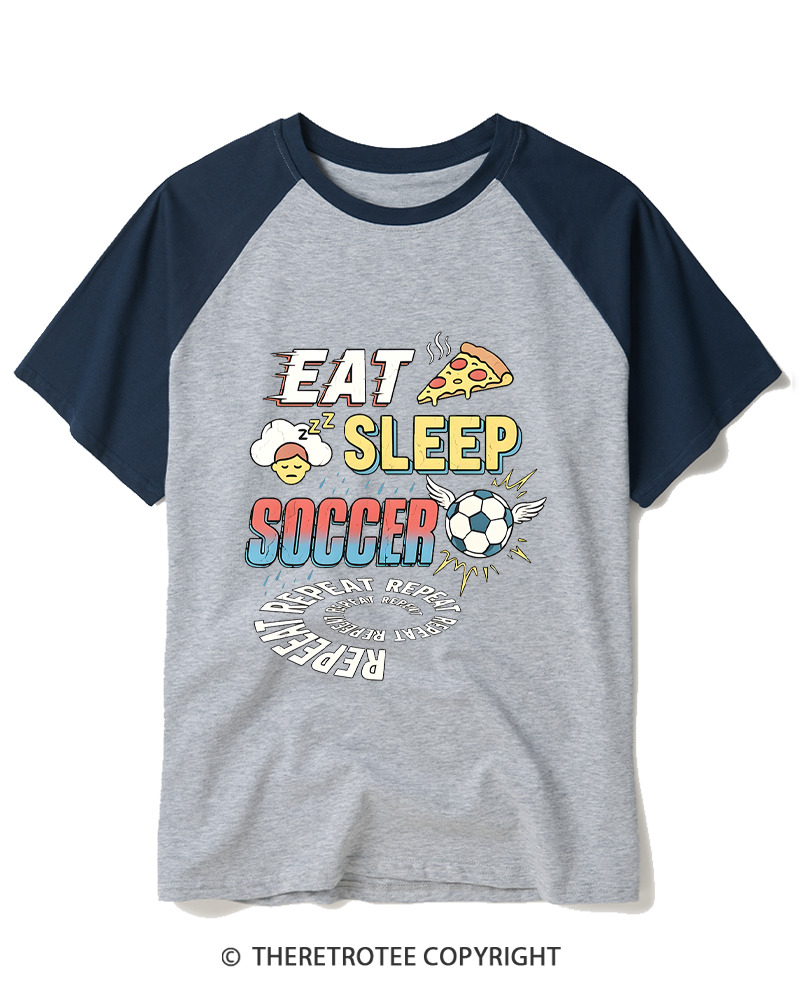 TheRetroTee Eat Sleep Soccer Repeat Funny Soccer Fan Raglan Baseball T-Shirt