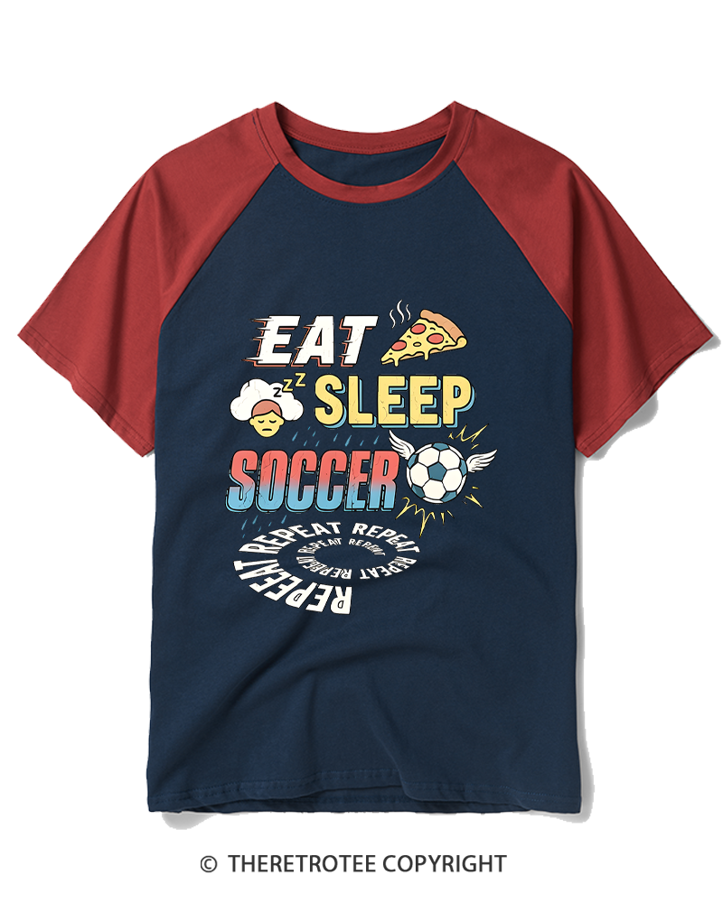 TheRetroTee Eat Sleep Soccer Repeat Funny Soccer Fan Raglan Baseball T-Shirt