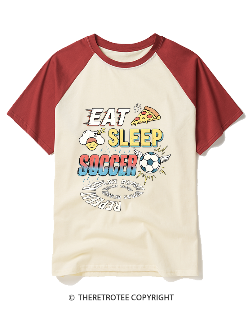 TheRetroTee Eat Sleep Soccer Repeat Funny Soccer Fan Raglan Baseball T-Shirt