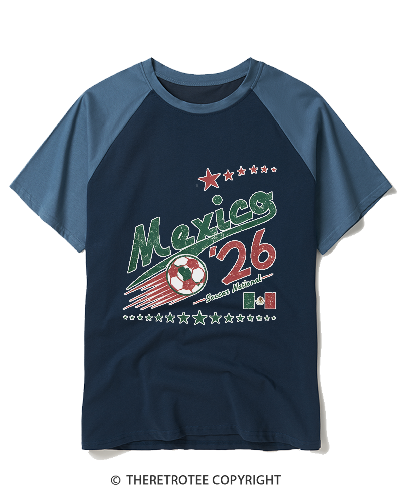 TheRetroTee Retro Mexico Soccer World 1990s Raglan Baseball T-Shirt