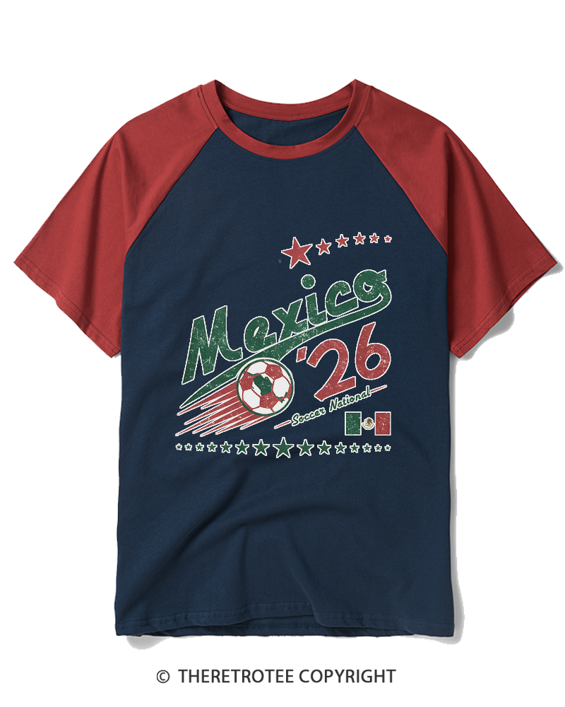 TheRetroTee Retro Mexico Soccer World 1990s Raglan Baseball T-Shirt