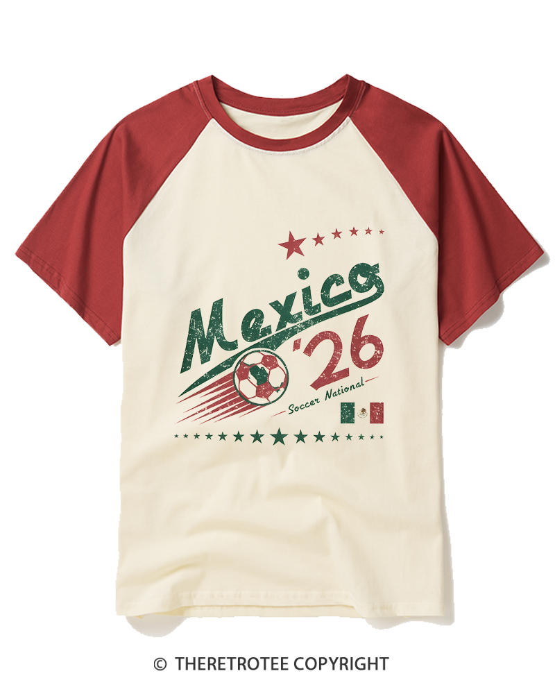 TheRetroTee Retro Mexico Soccer World 1990s Raglan Baseball T-Shirt