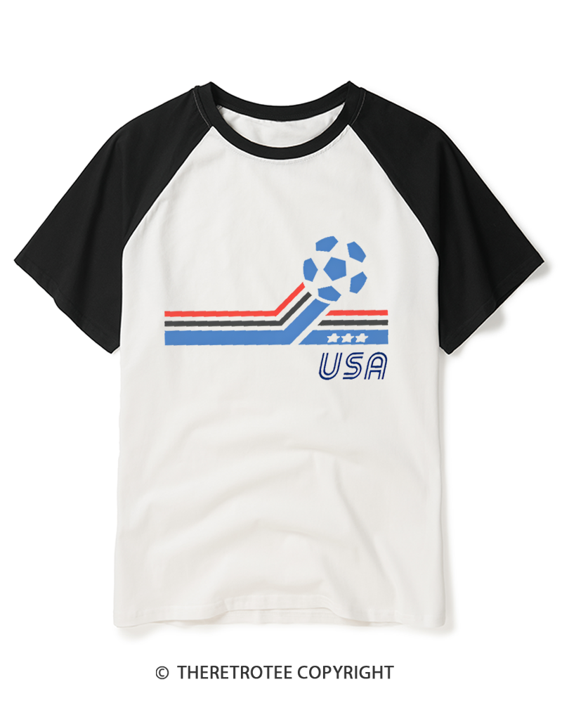 TheRetroTee USA Patriotic Soccer 1980s Raglan Baseball T-Shirt