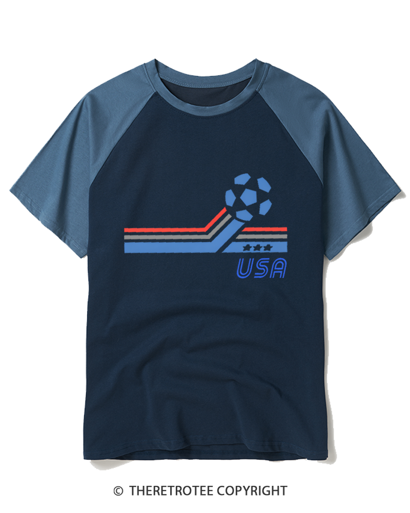 TheRetroTee USA Patriotic Soccer 1980s Raglan Baseball T-Shirt