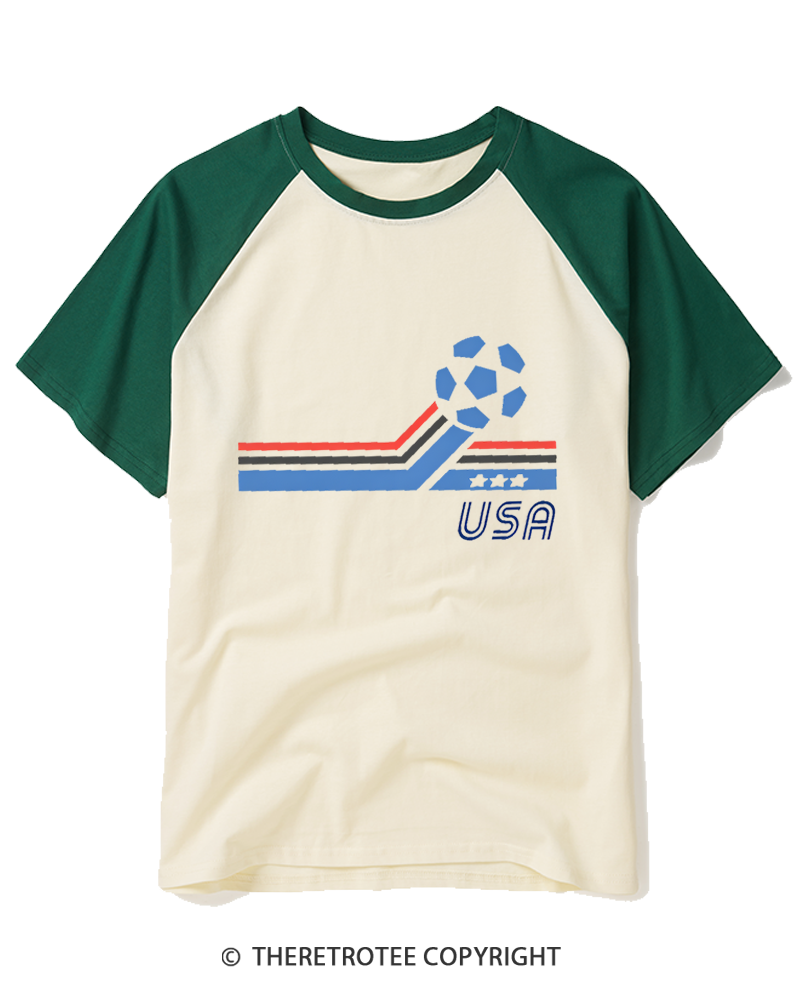 TheRetroTee USA Patriotic Soccer 1980s Raglan Baseball T-Shirt