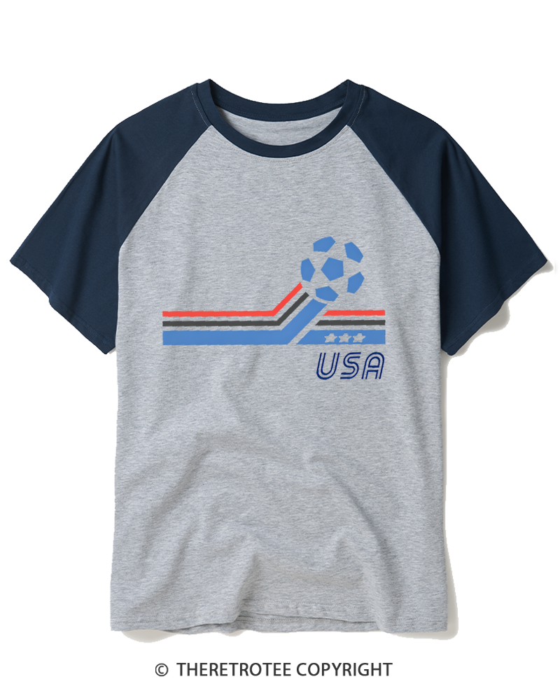 TheRetroTee USA Patriotic Soccer 1980s Raglan Baseball T-Shirt