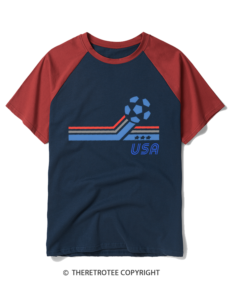 TheRetroTee USA Patriotic Soccer 1980s Raglan Baseball T-Shirt