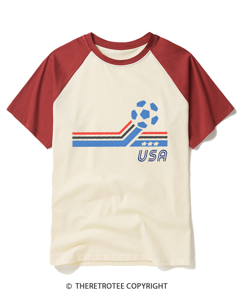 TheRetroTee USA Patriotic Soccer 1980s Raglan Baseball T-Shirt