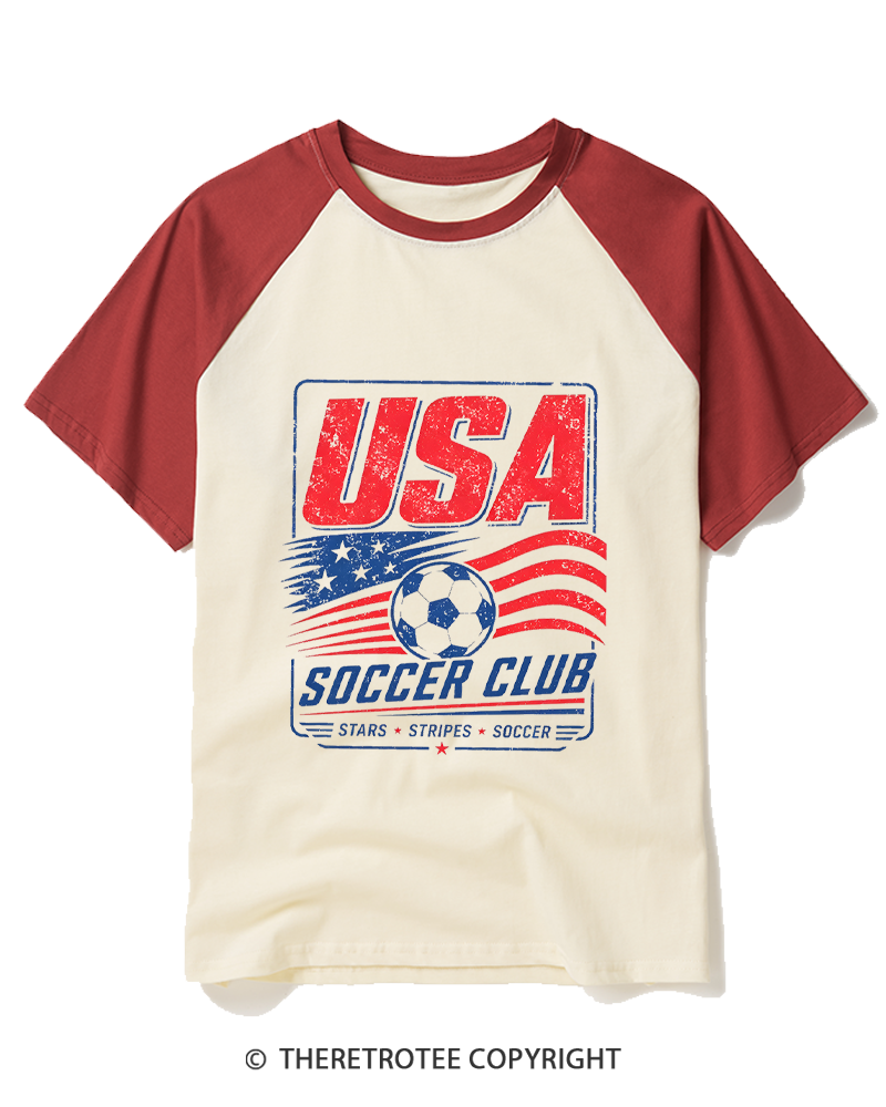 TheRetroTee USA Soccer Retro Team Graphic 1990s Raglan Baseball T-Shirt