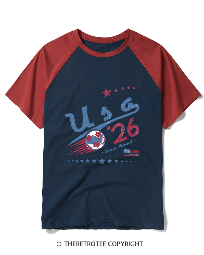 TheRetroTee USA Soccer World 1980s Raglan Baseball T-Shirt