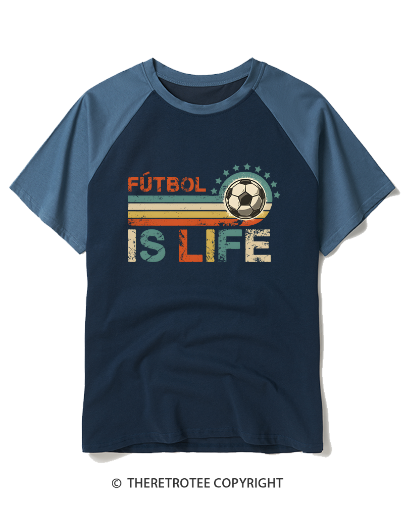 TheRetroTee Futbol Is Life 1970s Raglan Baseball T-Shirt