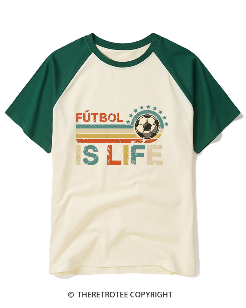 TheRetroTee Futbol Is Life 1970s Raglan Baseball T-Shirt