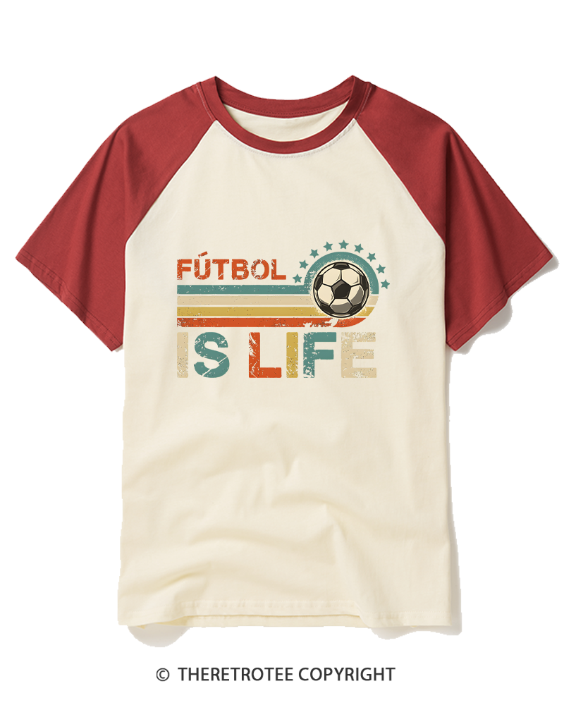 TheRetroTee Futbol Is Life 1970s Raglan Baseball T-Shirt