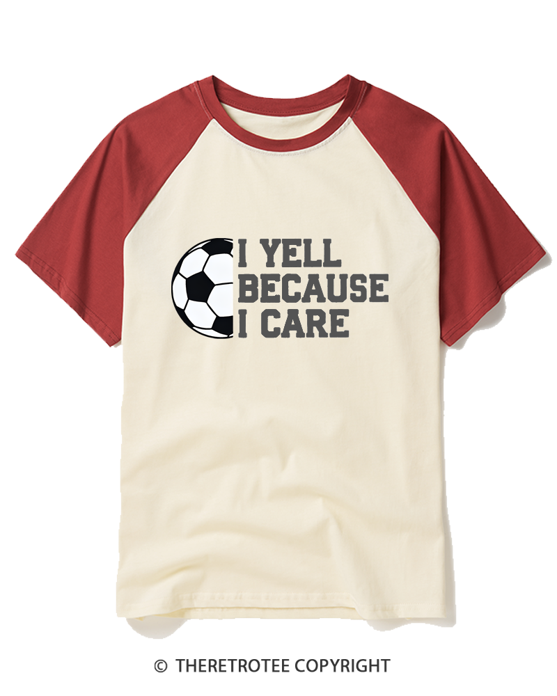 TheRetroTee I Yell Because I Care 1990s Raglan Baseball T-Shirt