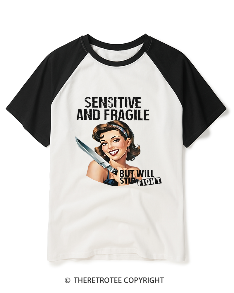 TheRetroTee Sensitive And Fragile 1950s Raglan Baseball T-Shirt
