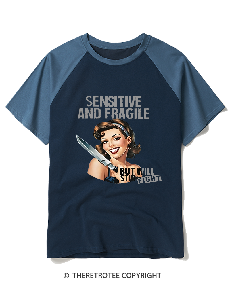 TheRetroTee Sensitive And Fragile 1950s Raglan Baseball T-Shirt