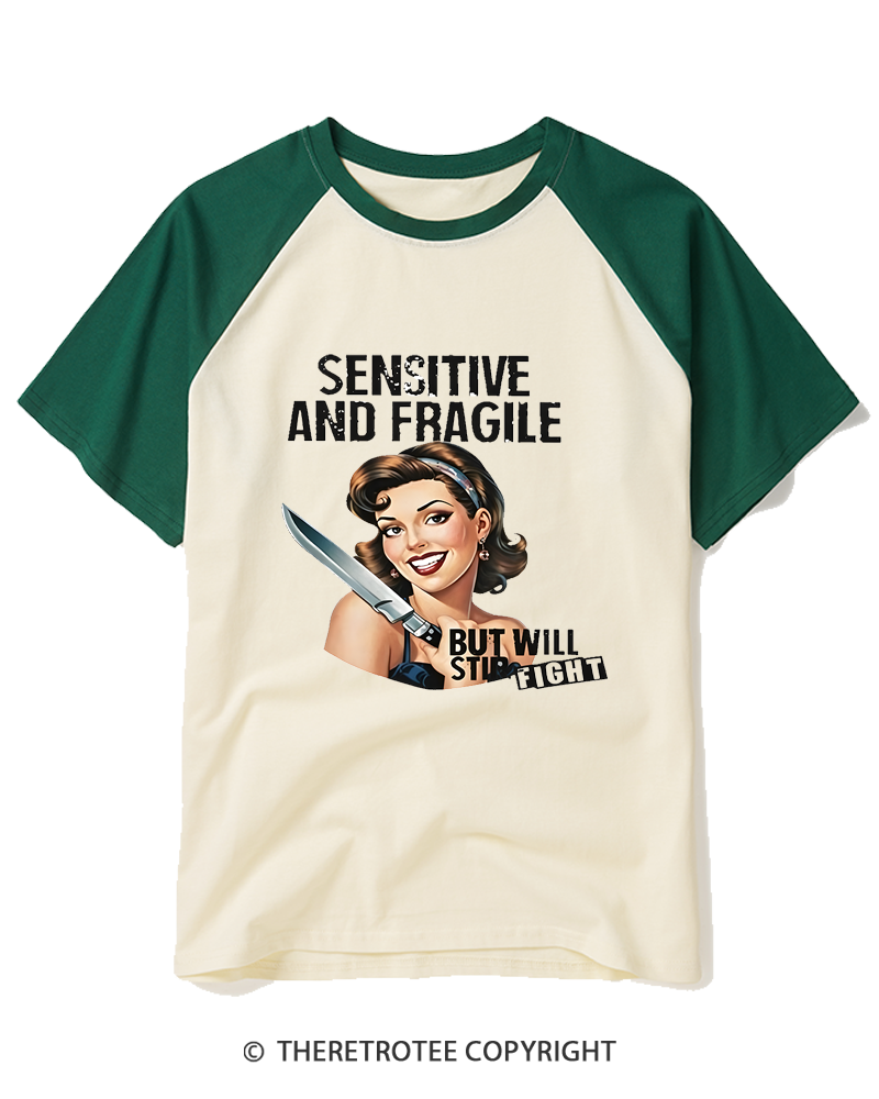 TheRetroTee Sensitive And Fragile 1950s Raglan Baseball T-Shirt