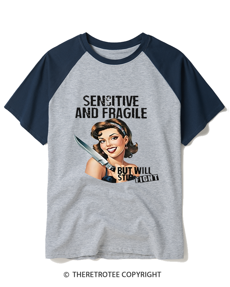 TheRetroTee Sensitive And Fragile 1950s Raglan Baseball T-Shirt