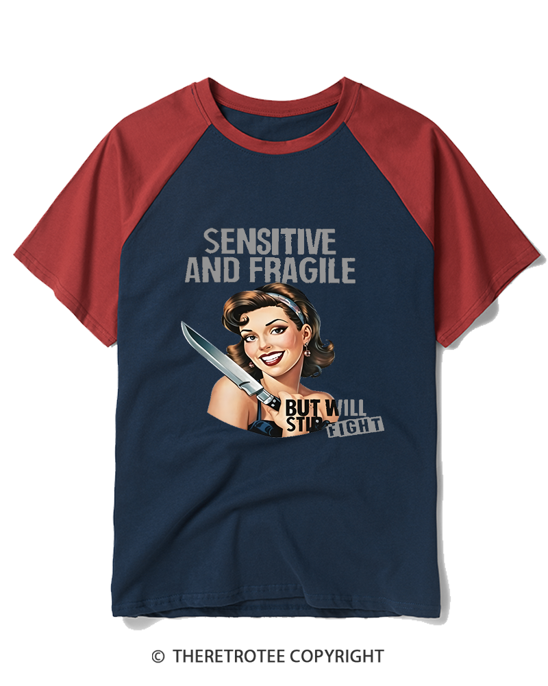 TheRetroTee Sensitive And Fragile 1950s Raglan Baseball T-Shirt