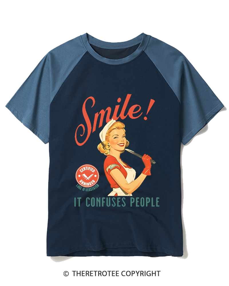 TheRetroTee Smile! It Confuses People 1950s Raglan Baseball T-Shirt