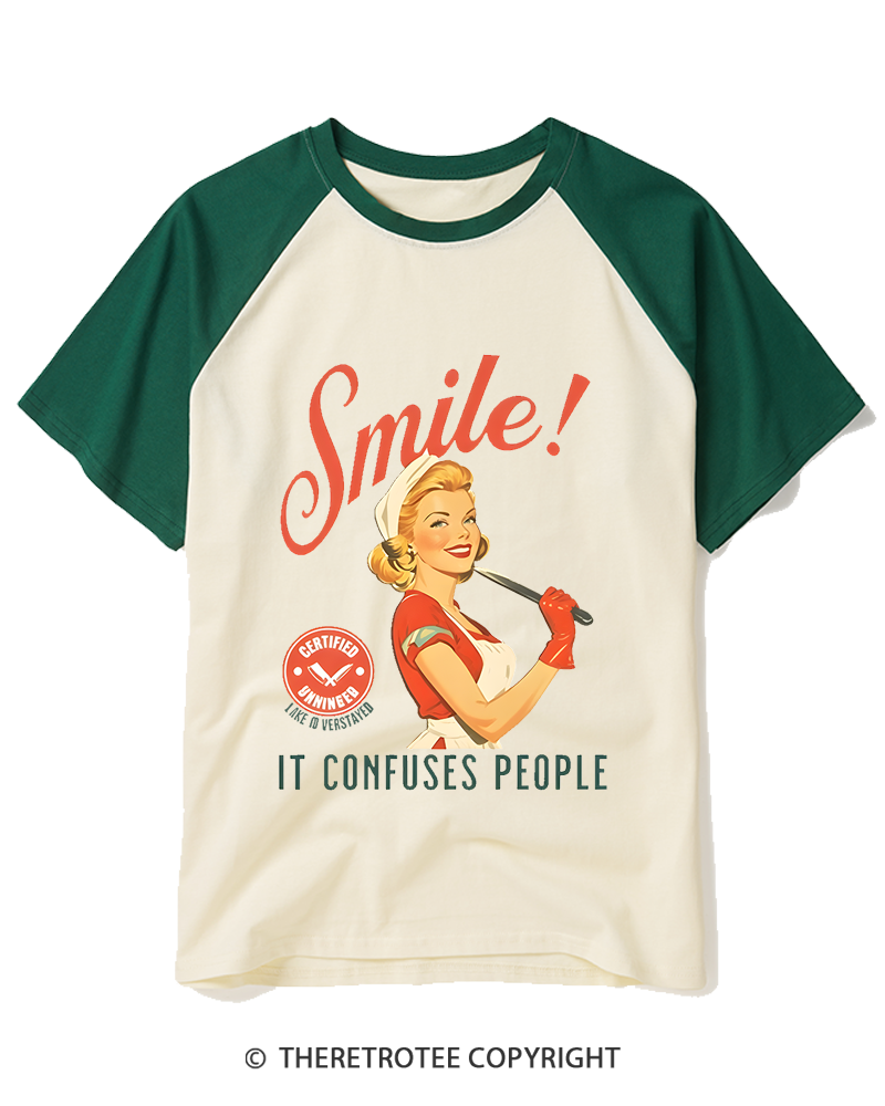 TheRetroTee Smile! It Confuses People 1950s Raglan Baseball T-Shirt