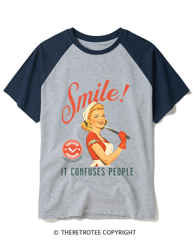 TheRetroTee Smile! It Confuses People 1950s Raglan Baseball T-Shirt