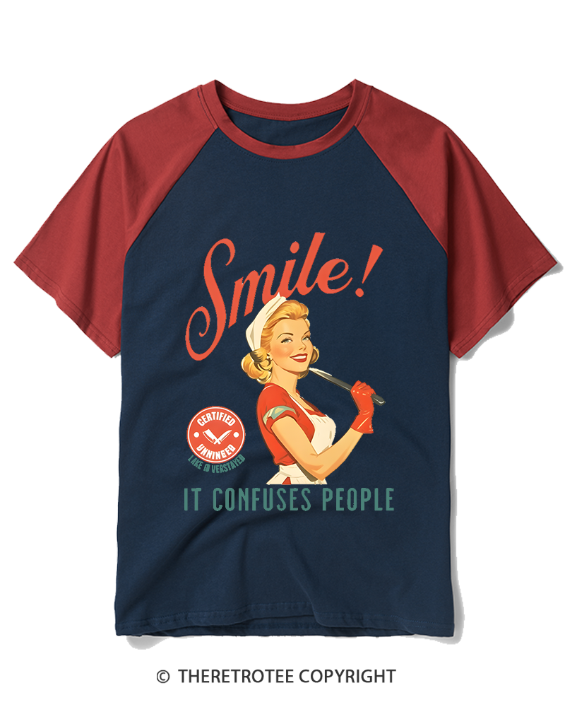 TheRetroTee Smile! It Confuses People 1950s Raglan Baseball T-Shirt