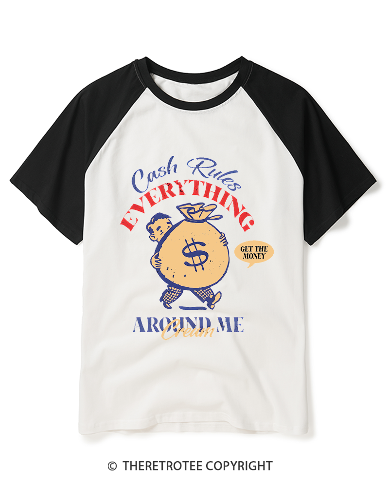 TheRetroTee Cash Rules 1990s Raglan Baseball T-Shirt
