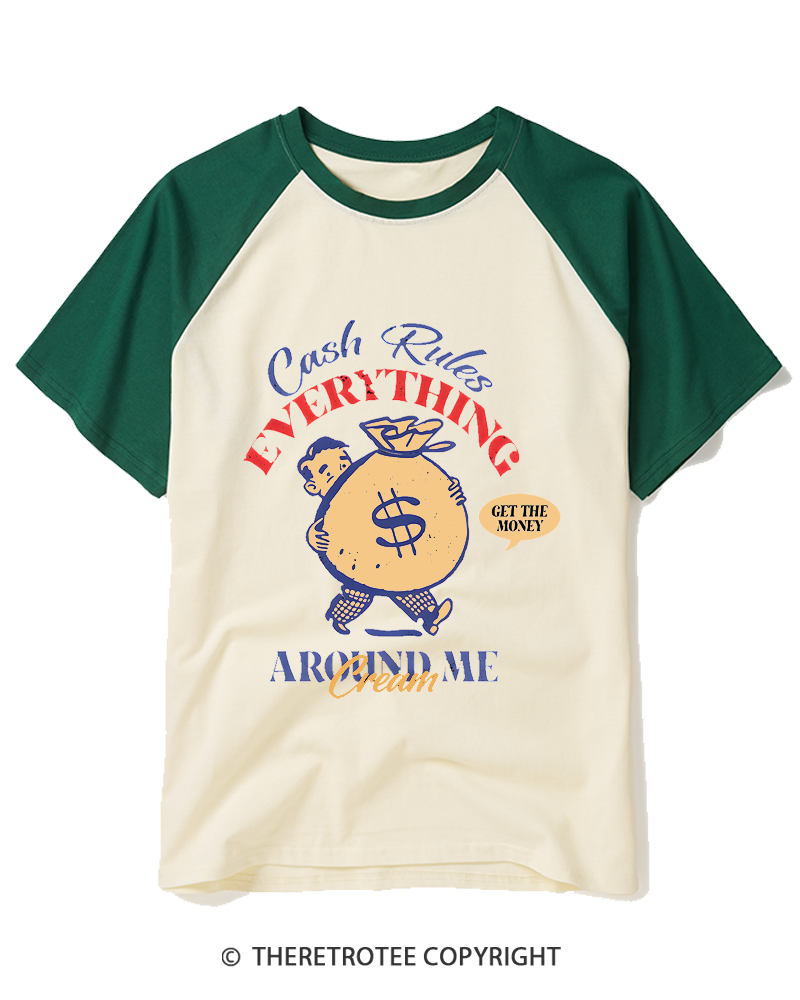 TheRetroTee Cash Rules 1990s Raglan Baseball T-Shirt