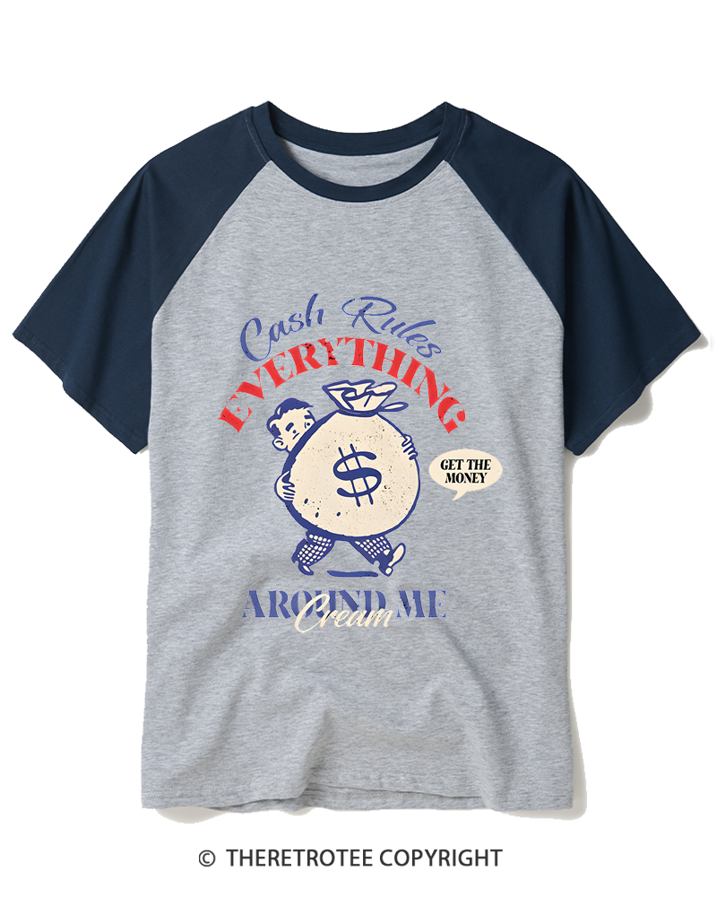 TheRetroTee Cash Rules 1990s Raglan Baseball T-Shirt