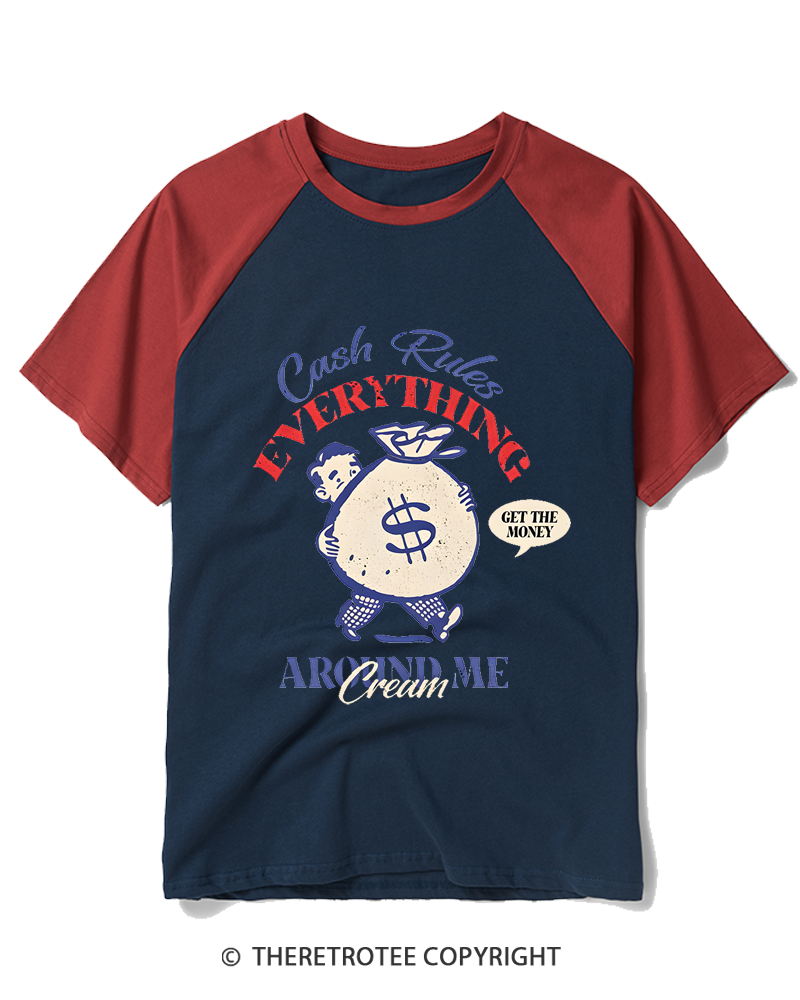 TheRetroTee Cash Rules 1990s Raglan Baseball T-Shirt