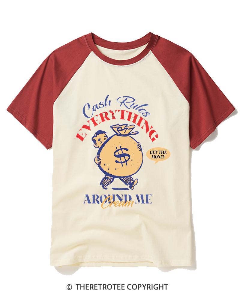 TheRetroTee Cash Rules 1990s Raglan Baseball T-Shirt