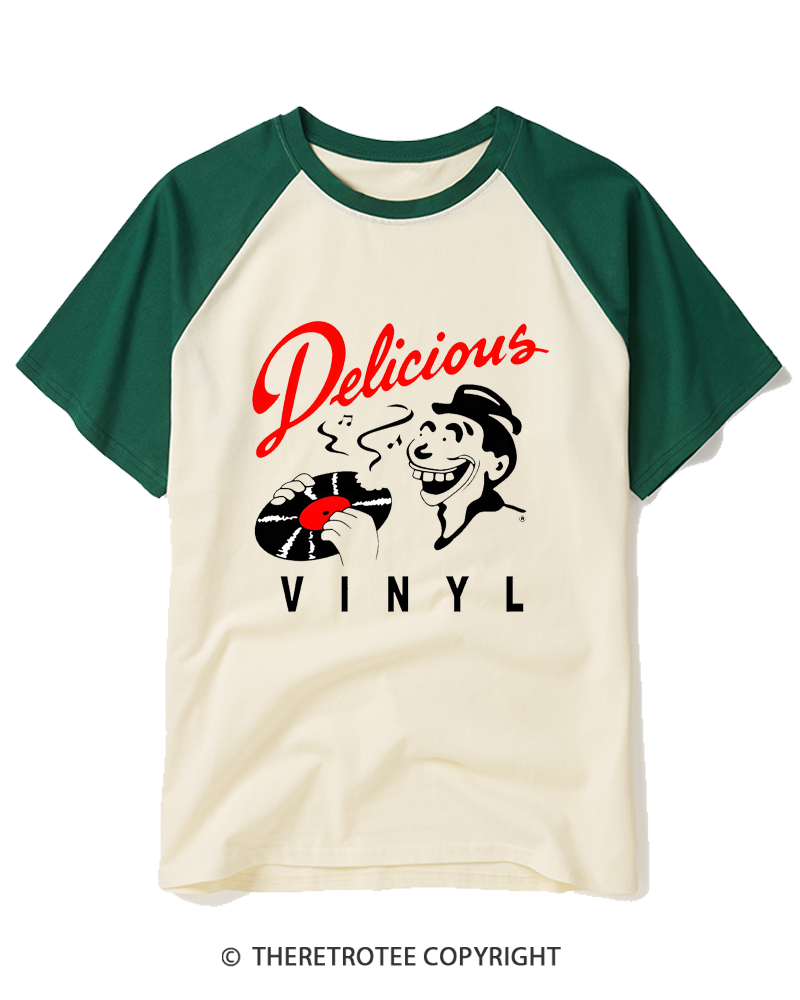 TheRetroTee Delicious Vinyl 1980s Raglan Baseball T-Shirt