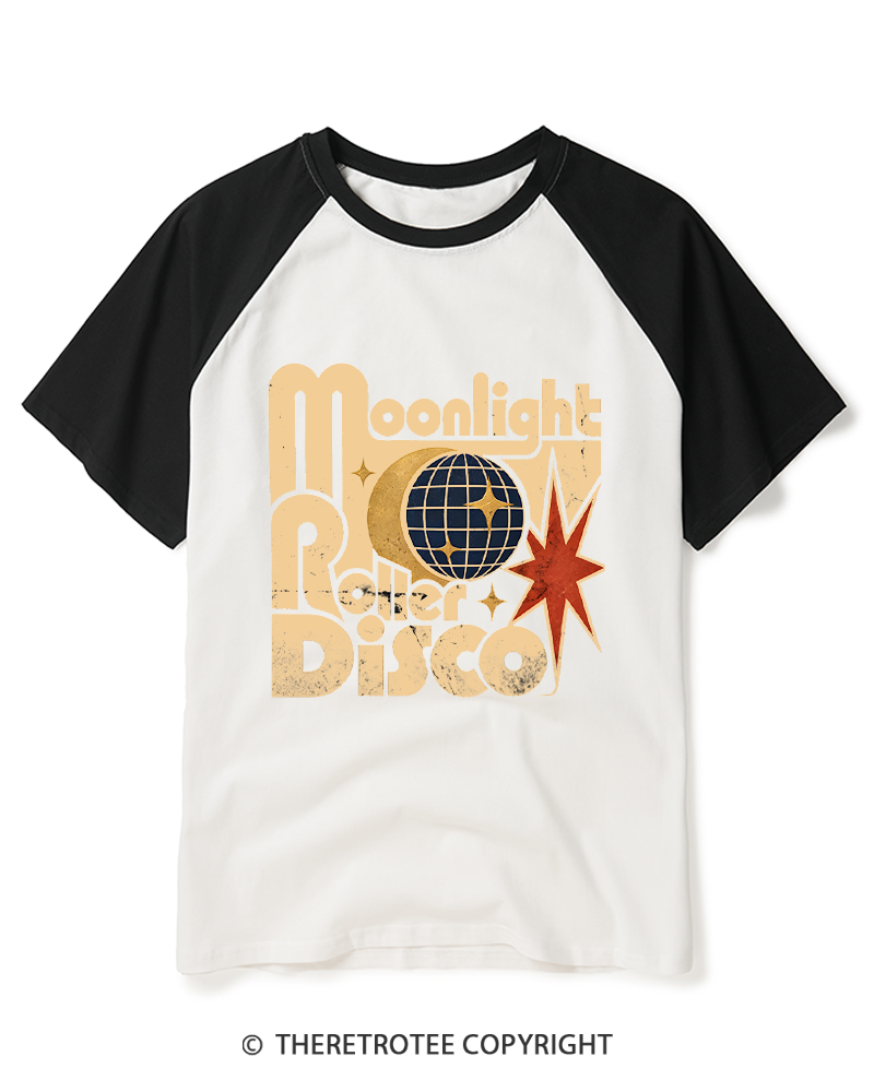 TheRetroTee Moonlight Roller Disco 1970s Raglan Baseball T-Shirt