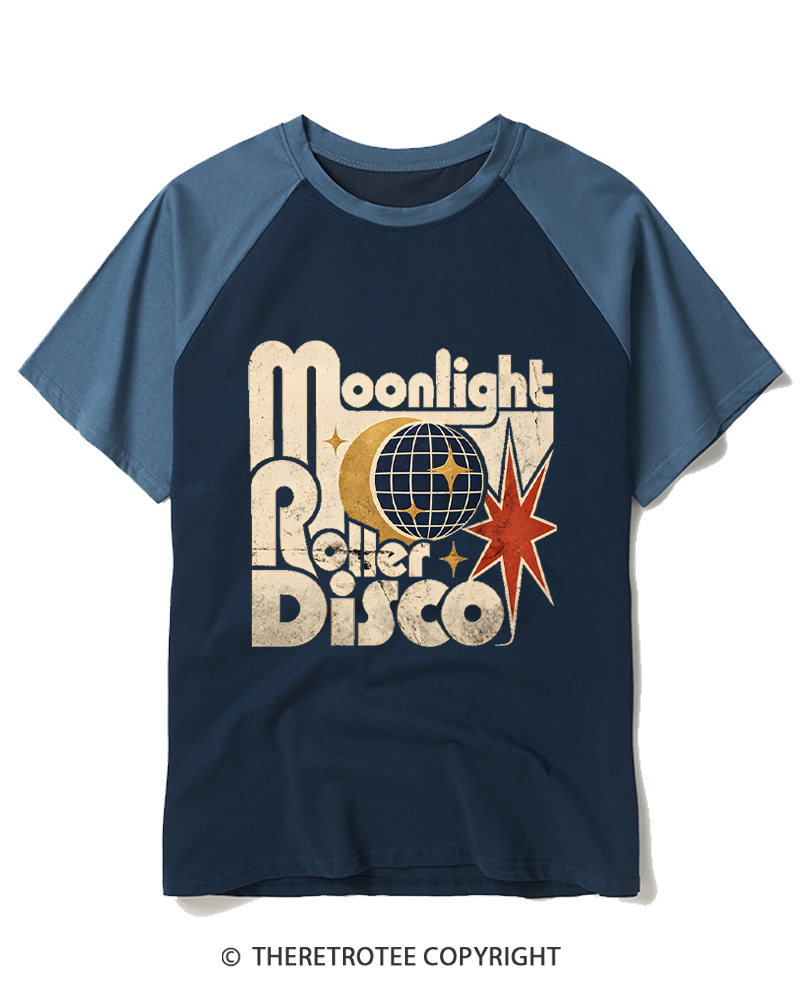 TheRetroTee Moonlight Roller Disco 1970s Raglan Baseball T-Shirt